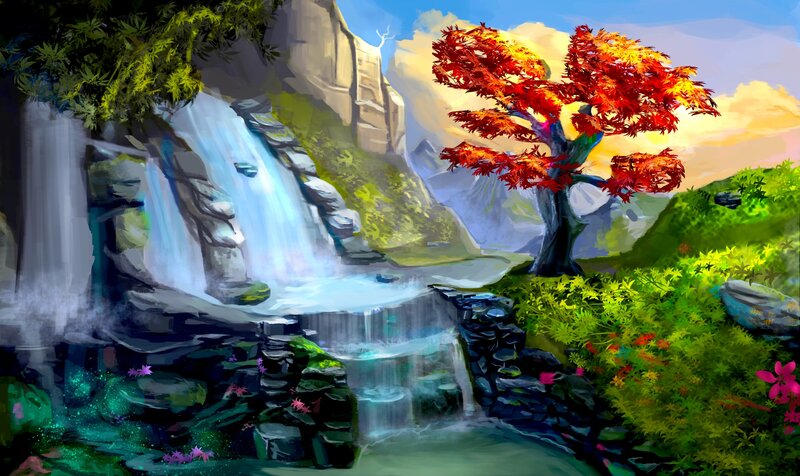 Red-leafed Tree by Waterfall — Green
