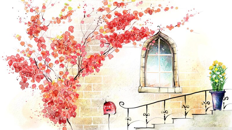 Red-leafed Tree by Window — Red