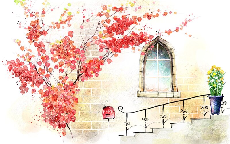 Red-leafed Tree by Window