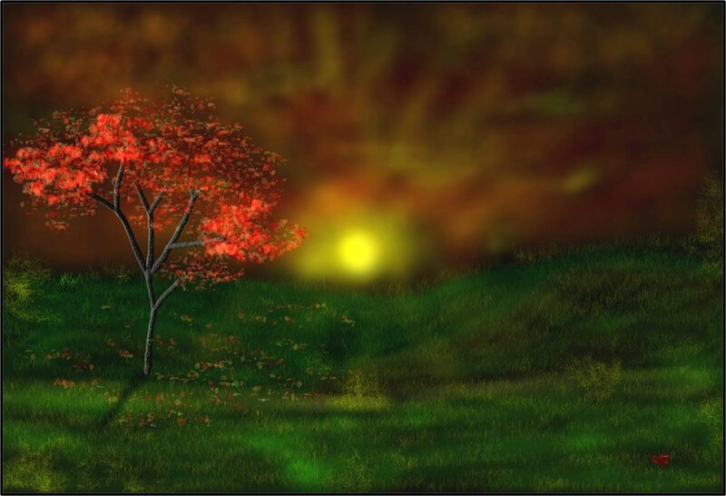Red-leafed Tree in Field — Green, Serene