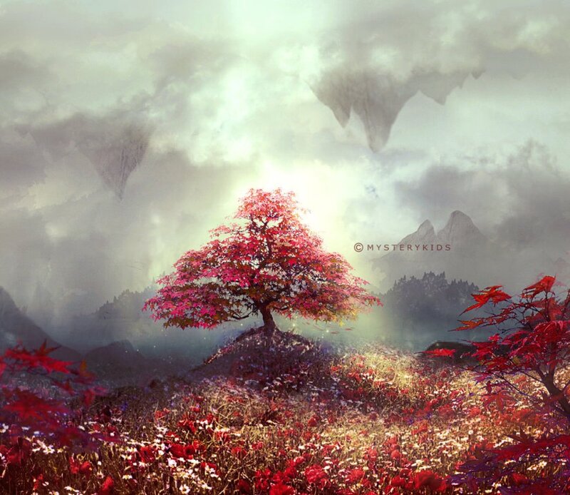 Red-leafed Tree in Field — Red, Serene, Autumn, Digital Art