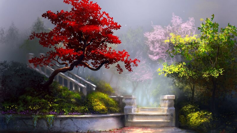Red-leafed Tree in Garden — Red, Serene, Morning, Digital Art