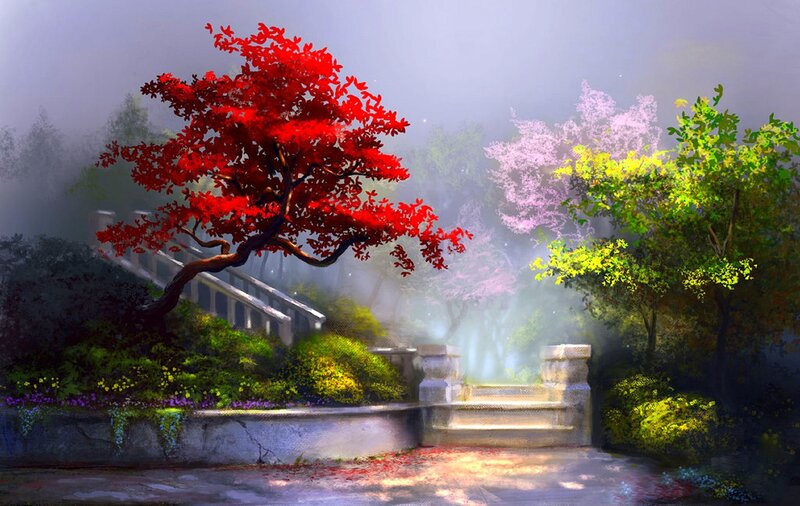 Red-leafed Tree in Garden — Red, Serene, Spring, Digital Art