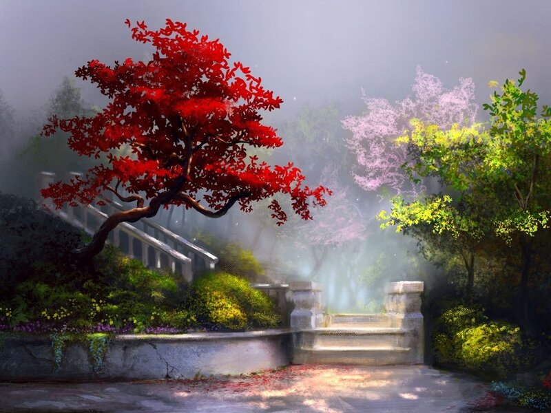 Red-leafed Tree in Garden — Red, Serene, Spring, Digital Art, Trees