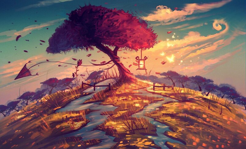 Red-leafed Tree on Hill — Red, Serene, Sunset