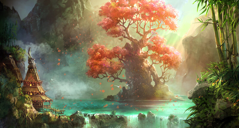 Red-leafed Tree on Island — Green