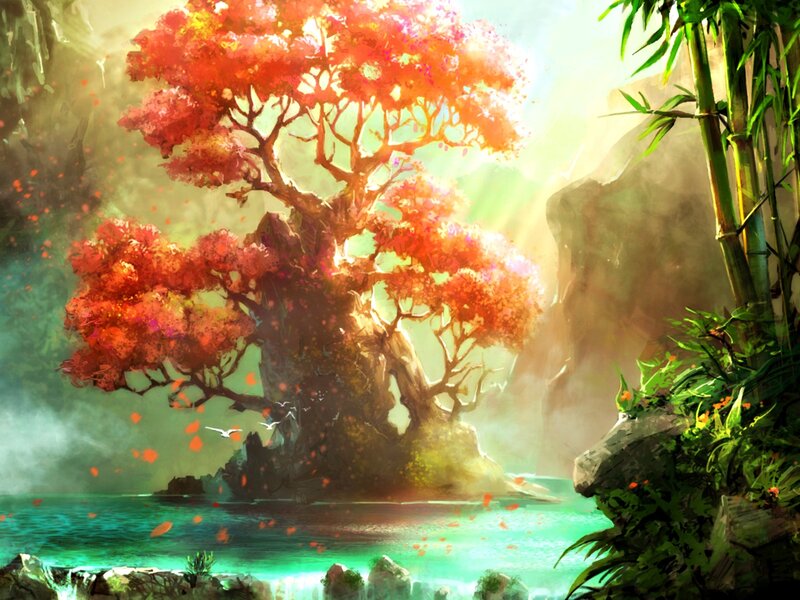 Red-leafed Tree on Island — Red