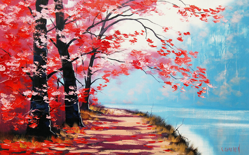 Red-leafed Trees by Lake — Red, Serene