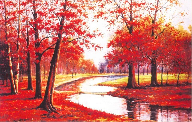 Red-leafed Trees by River — Red, Serene