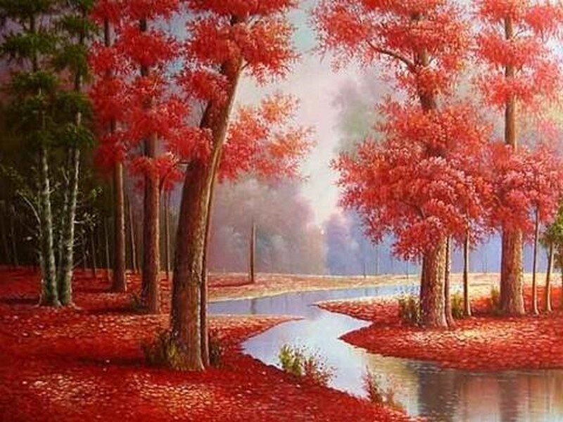 Red-leafed Trees by River — Red