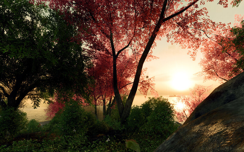 Red-leafed Trees by Water — Red