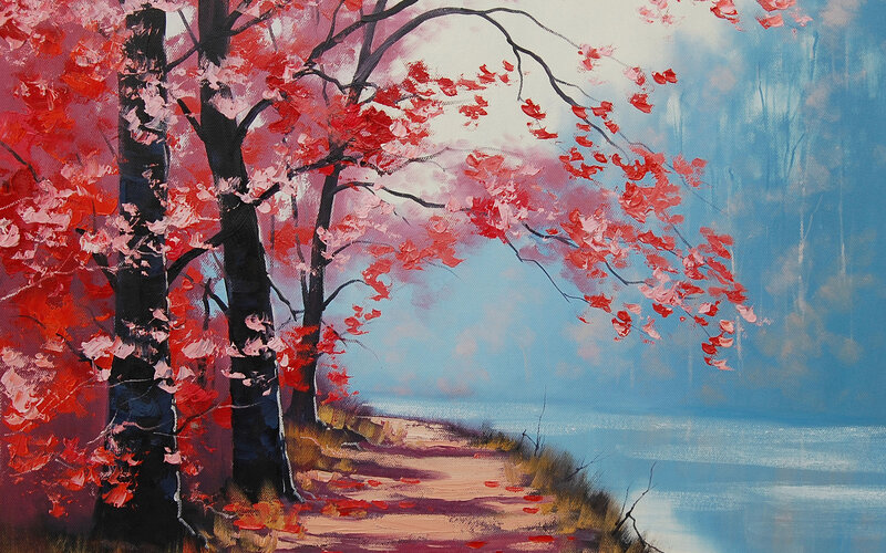 Red-leafed Trees by Water