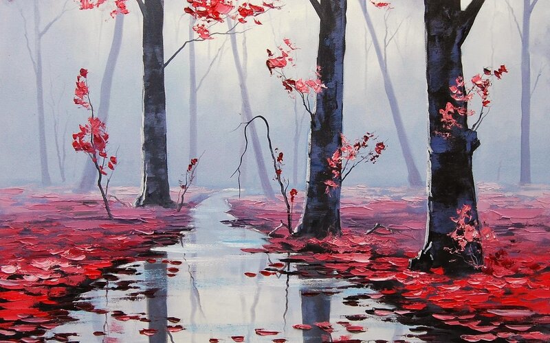 Red-leafed Trees in Fog — Red, Misty, Autumn, Painting