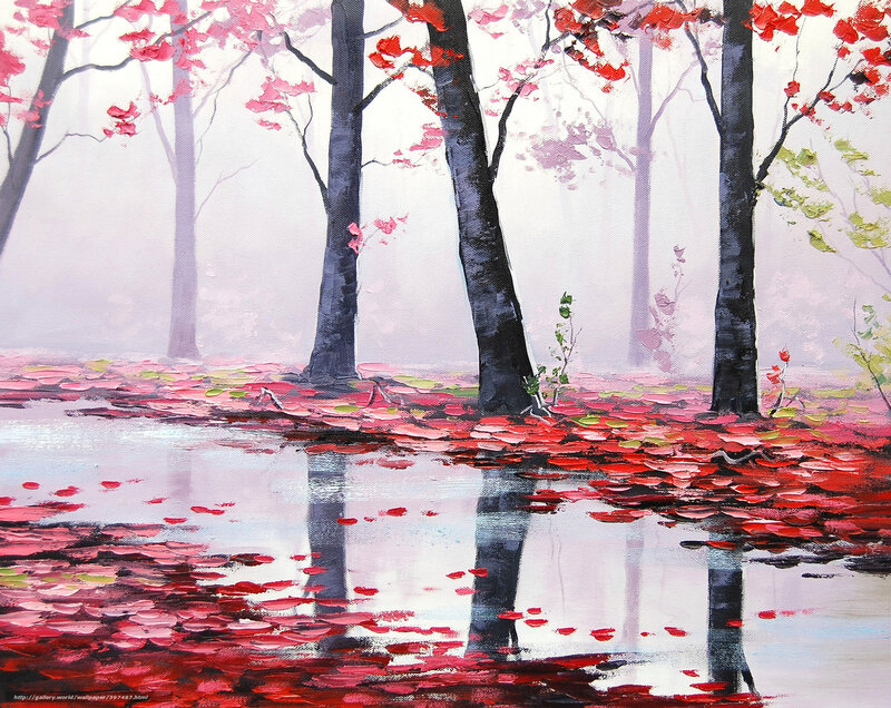 Red-leafed Trees in Fog — Red, Serene, Autumn, Painting
