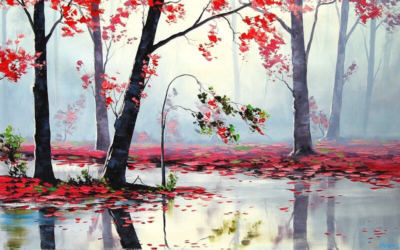 Red-leafed Trees in Fog — Red, Serene