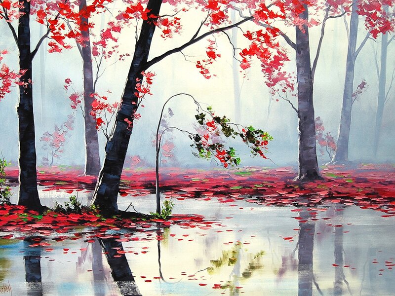 Red-leafed Trees in Fog — Red