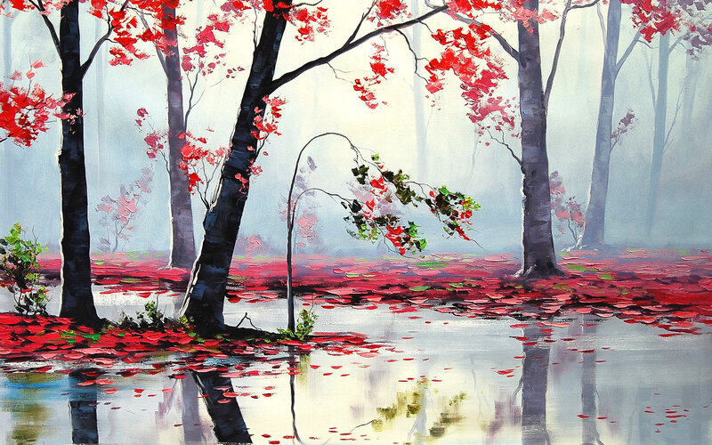 Red-leafed Trees in Fog