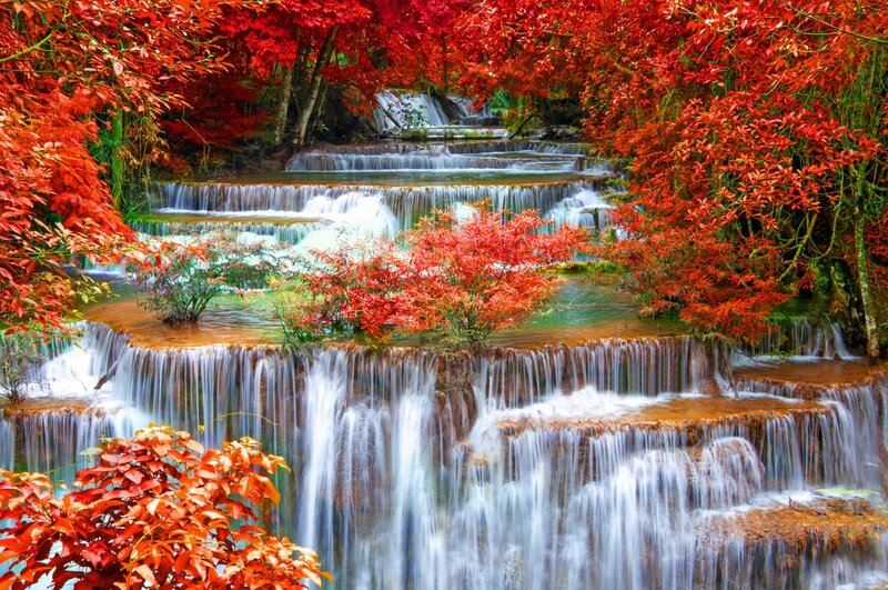 Red-leafed Waterfall — Red, Serene, Autumn, Photograph