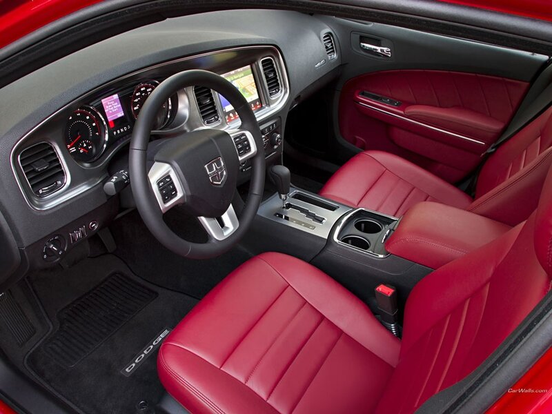 Red leather interior of a Dodge car