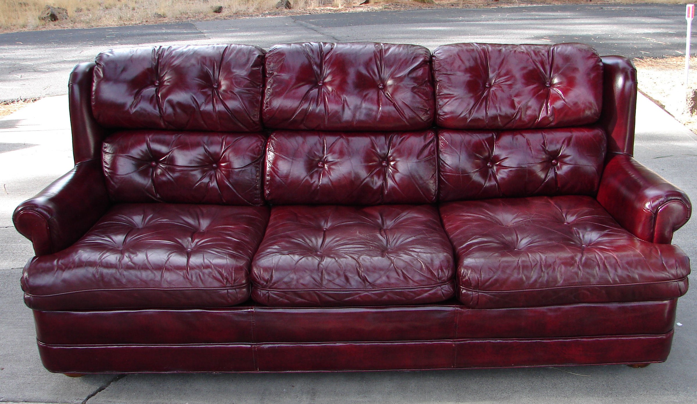 Red leather tufted sofa