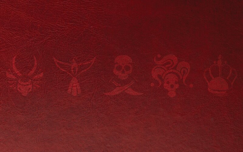 red leather with embossed symbols
