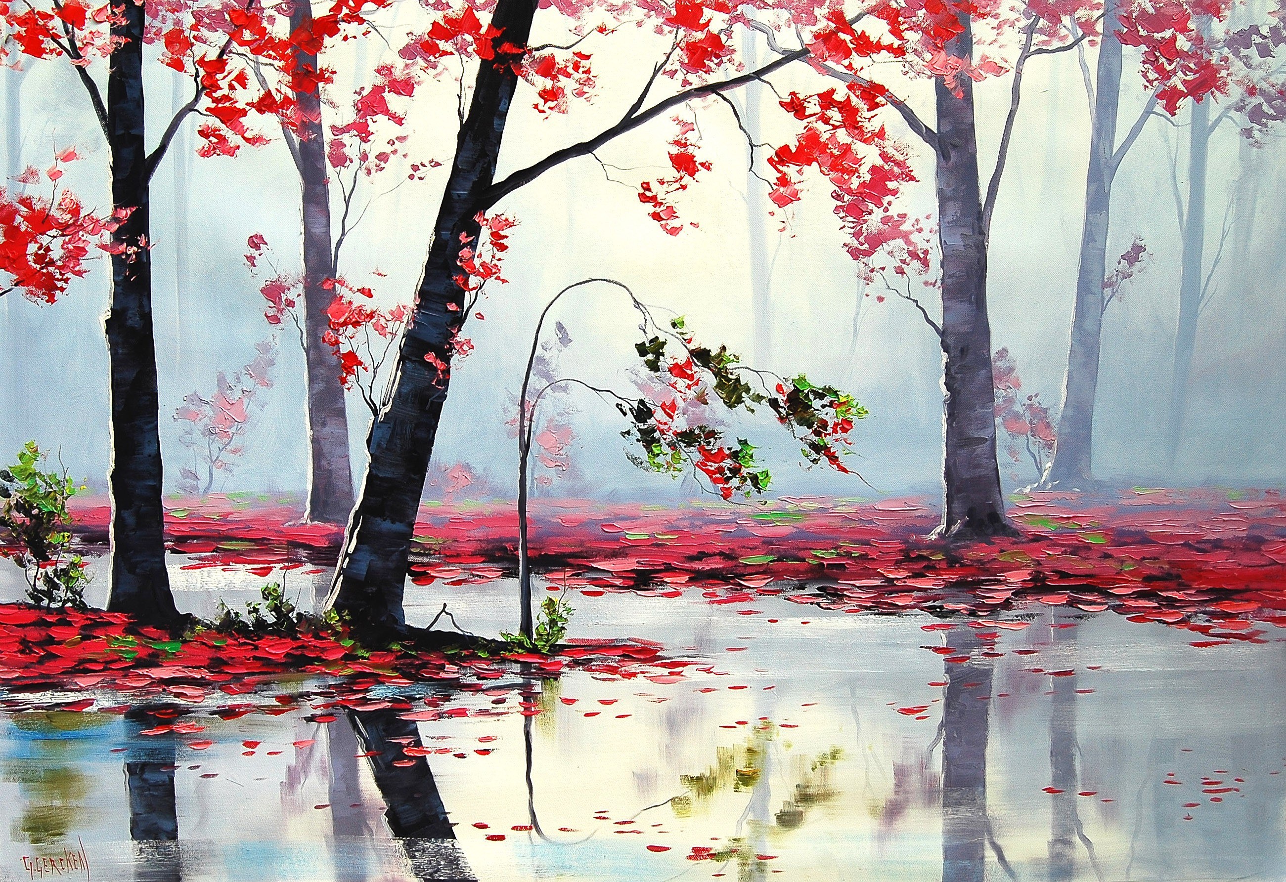 Red Leaves in a Misty Forest