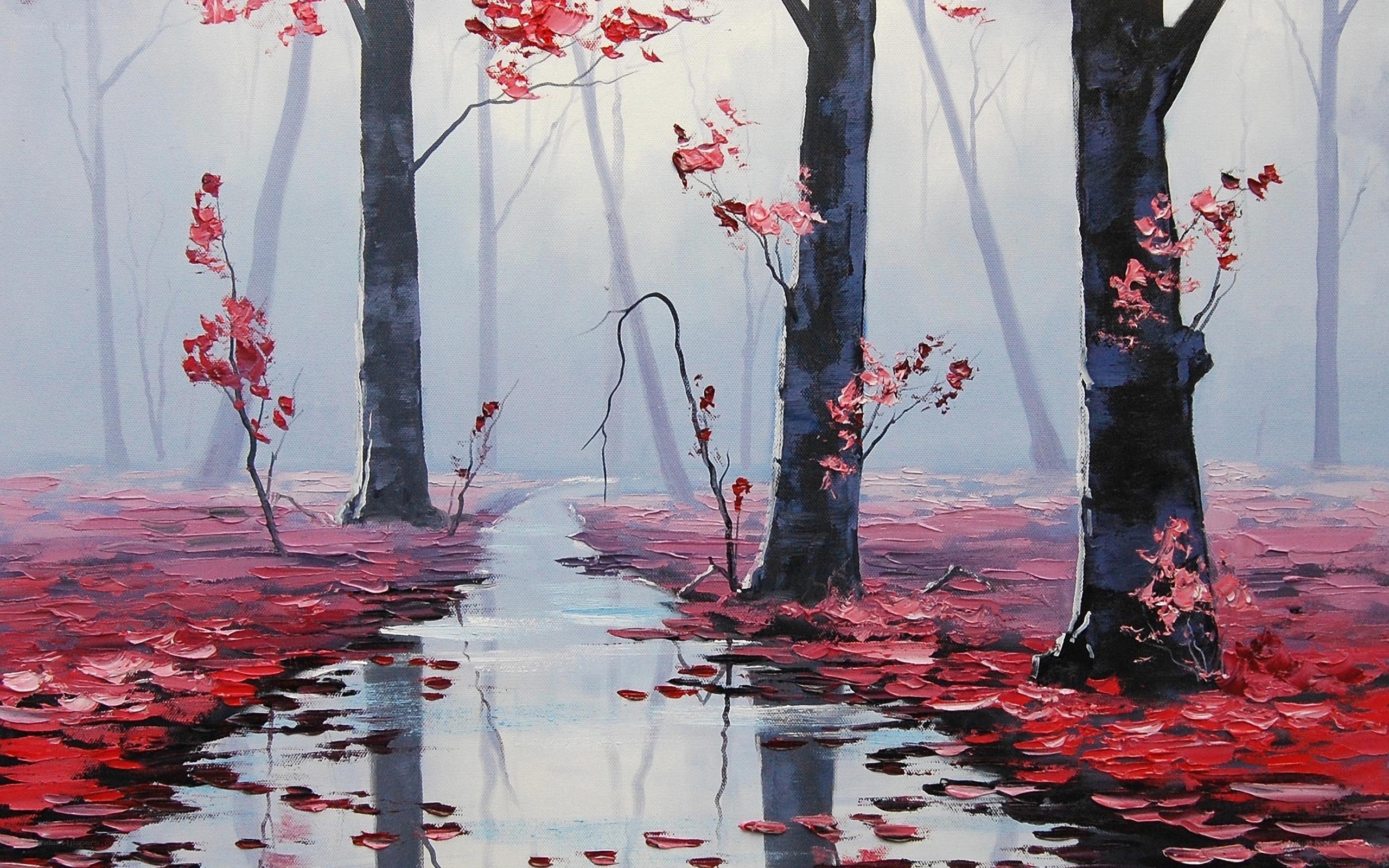 Red Leaves in a Misty Forest