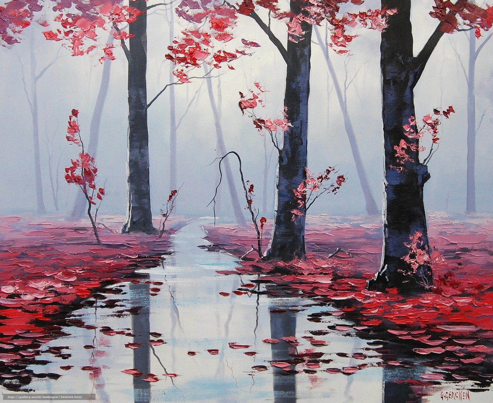 Red Leaves in a Misty Forest
