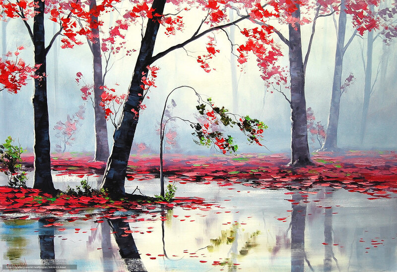 Red Leaves in Foggy Forest