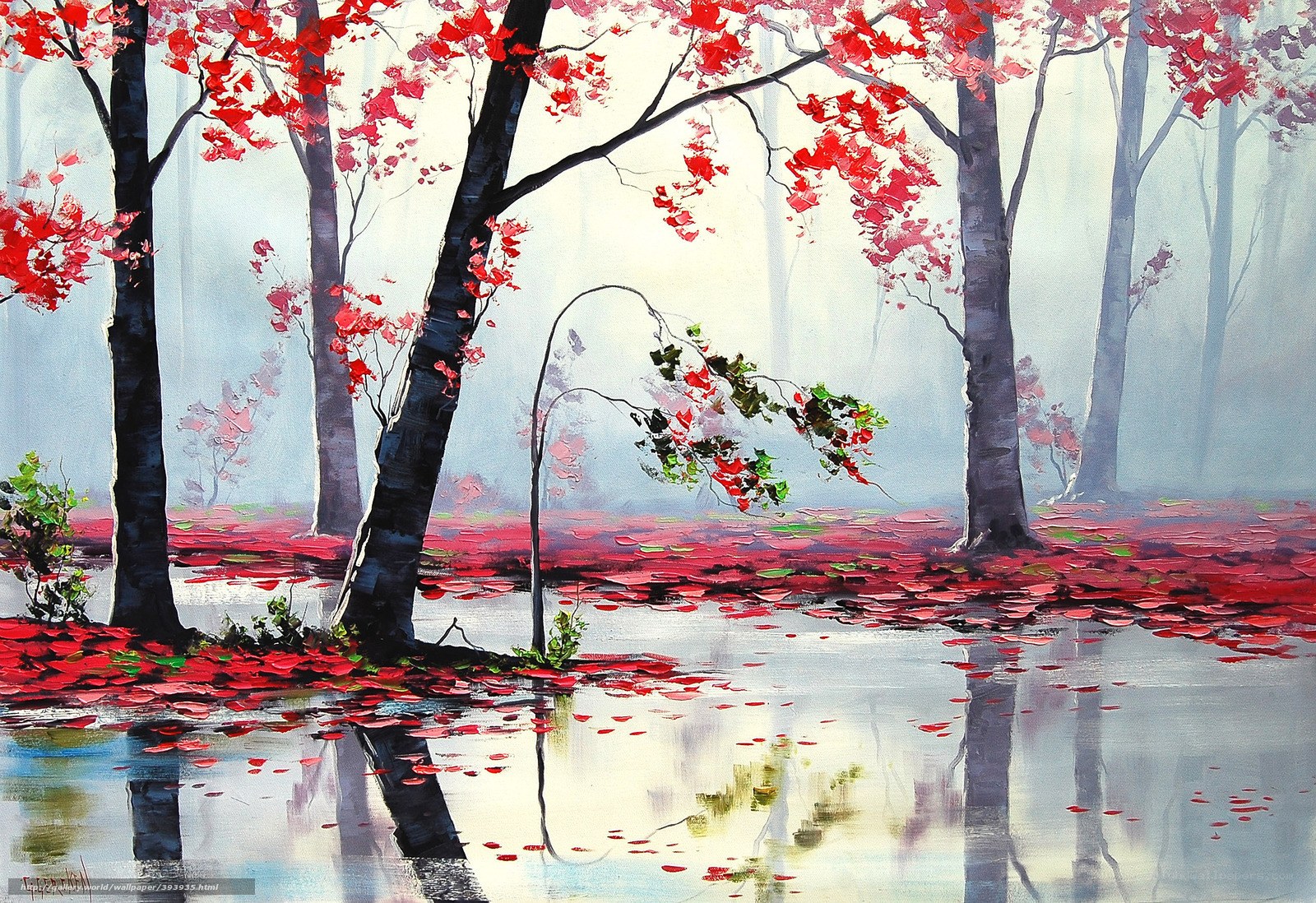 Red Leaves in Foggy Forest