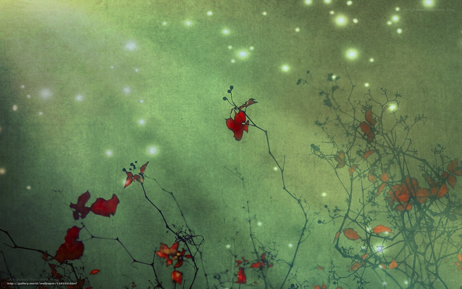 Red leaves in green mist