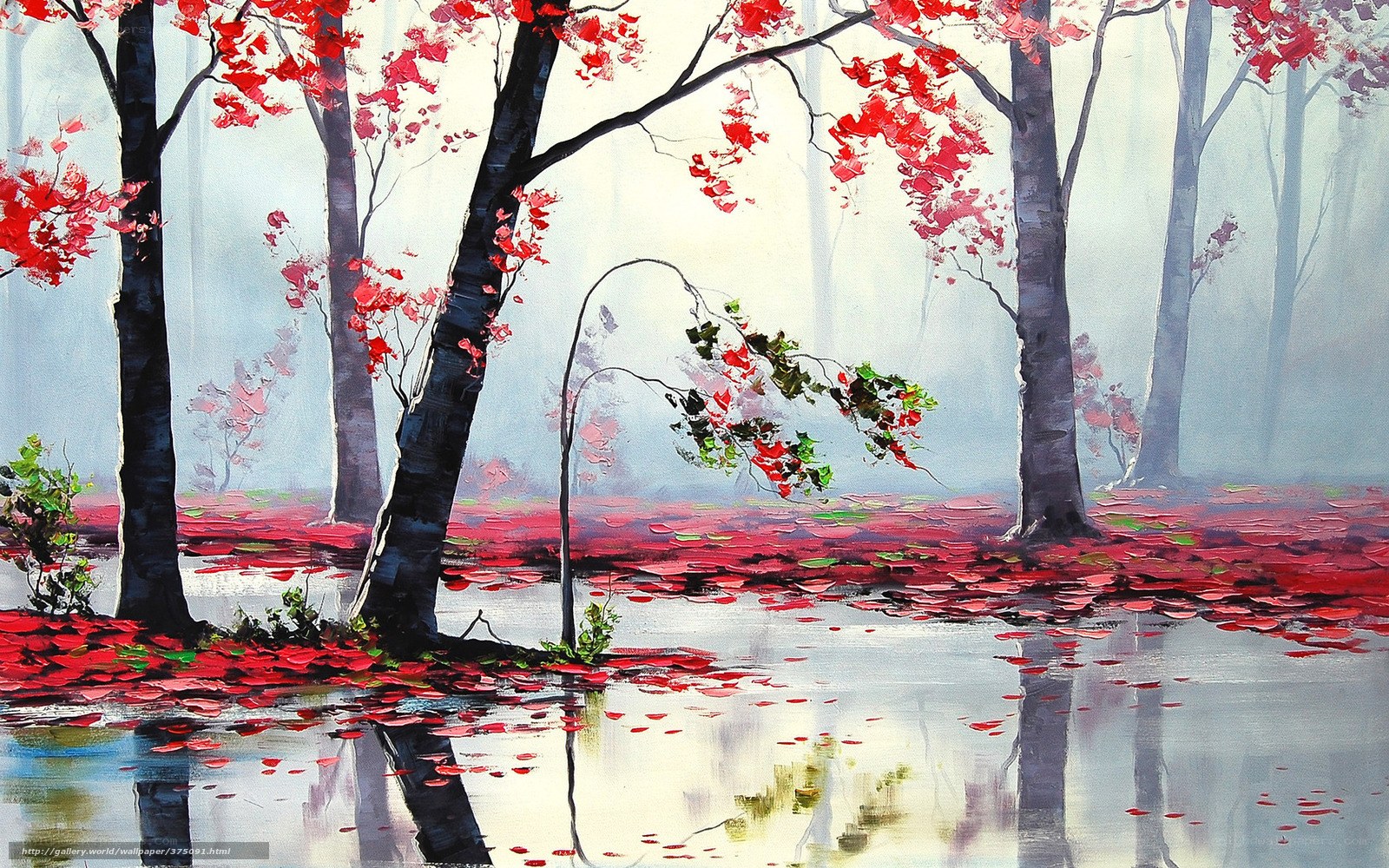 Red Leaves in Misty Forest