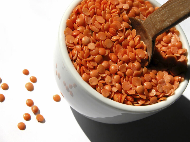 Red lentils in a white bowl