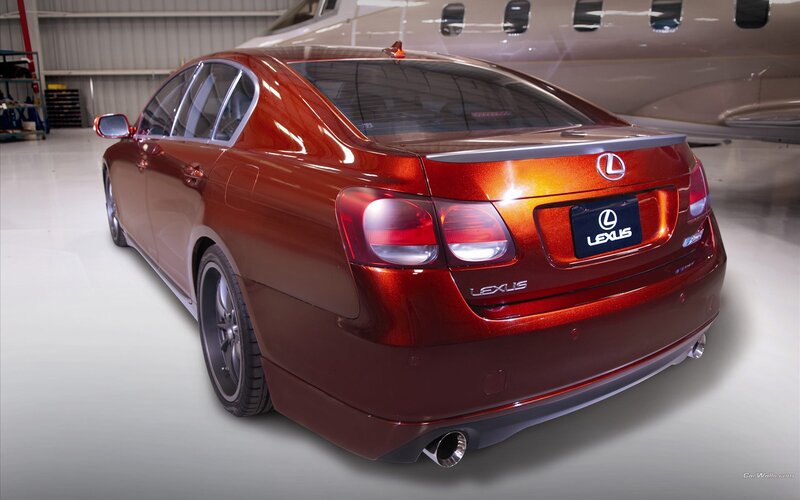 Red Lexus GS in hangar