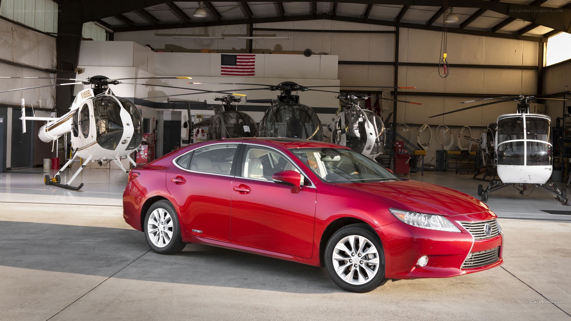 Red Lexus in a hangar