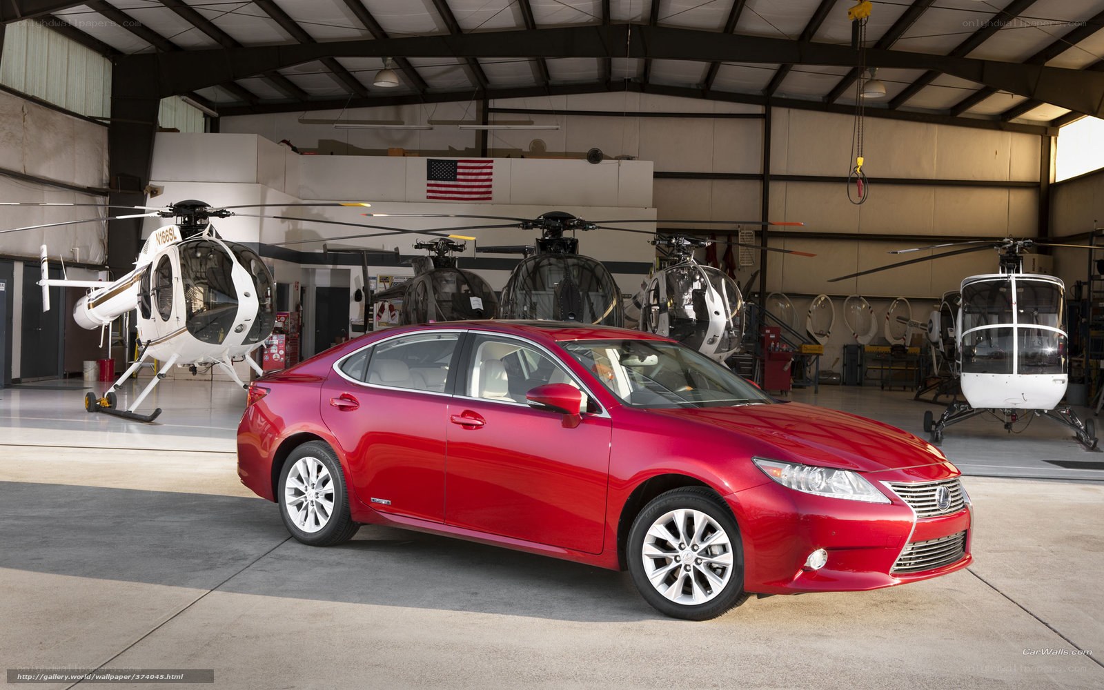 Red Lexus in helicopter hangar