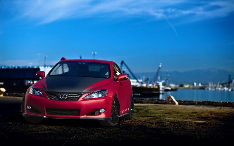 Red Lexus IS-F at the harbor