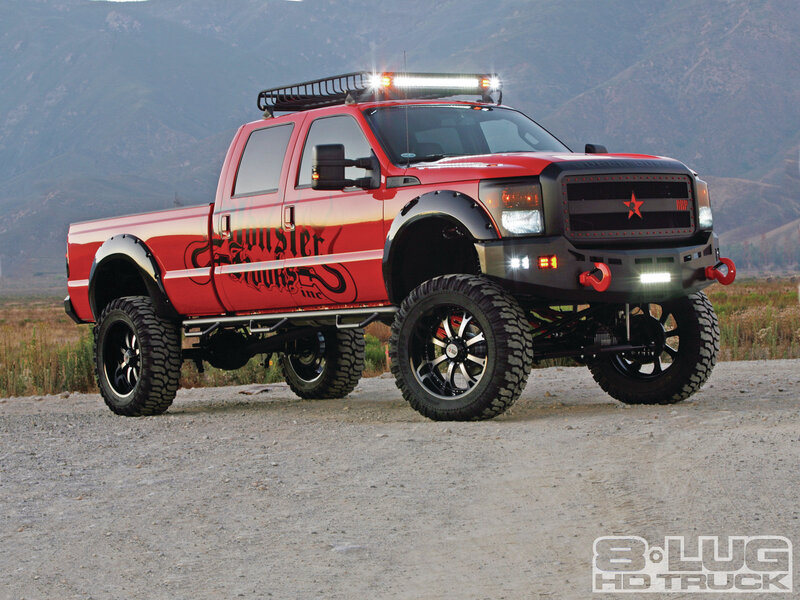 Red Lifted Pickup Truck — Dramatic, Afternoon, Photograph