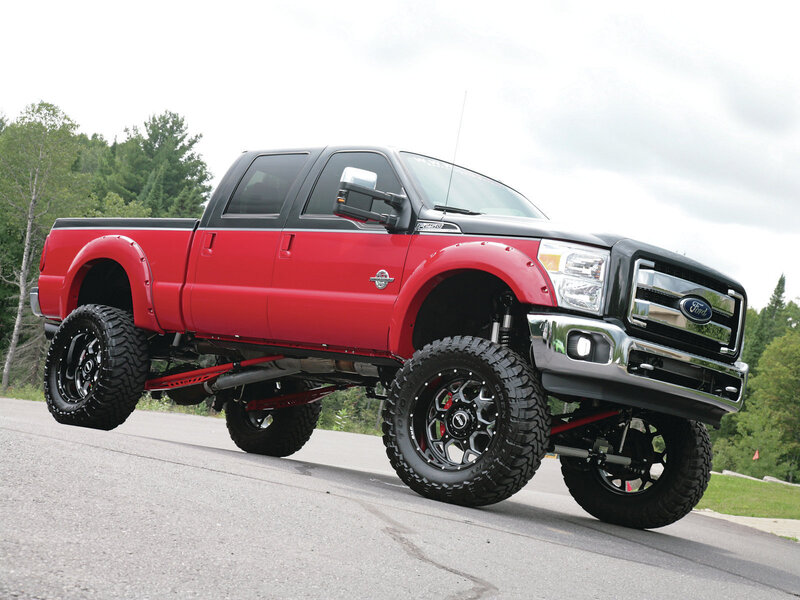 Red Lifted Pickup Truck — Dramatic, Afternoon, Photograph, Trees, Road
