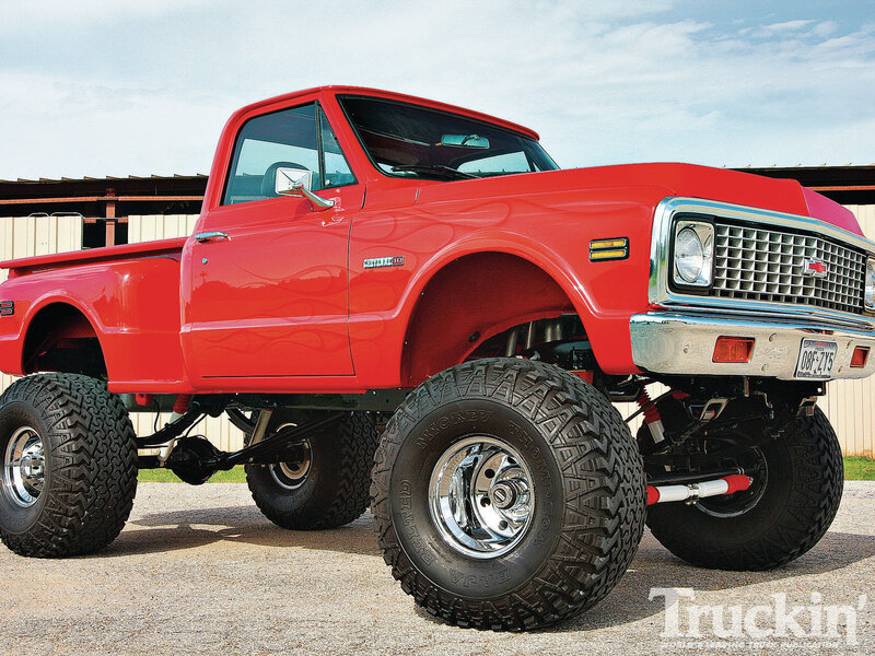 Red Lifted Pickup Truck — Dramatic, Afternoon