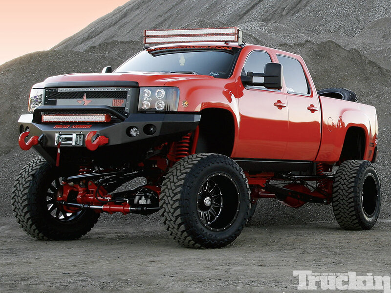 Red Lifted Pickup Truck — Dramatic, Sunset, Photograph, Mountain
