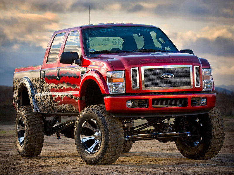Red Lifted Pickup Truck — Dramatic, Sunset