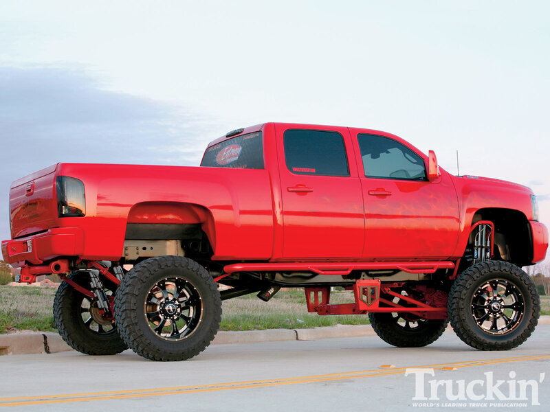 Red Lifted Pickup Truck — Dramatic