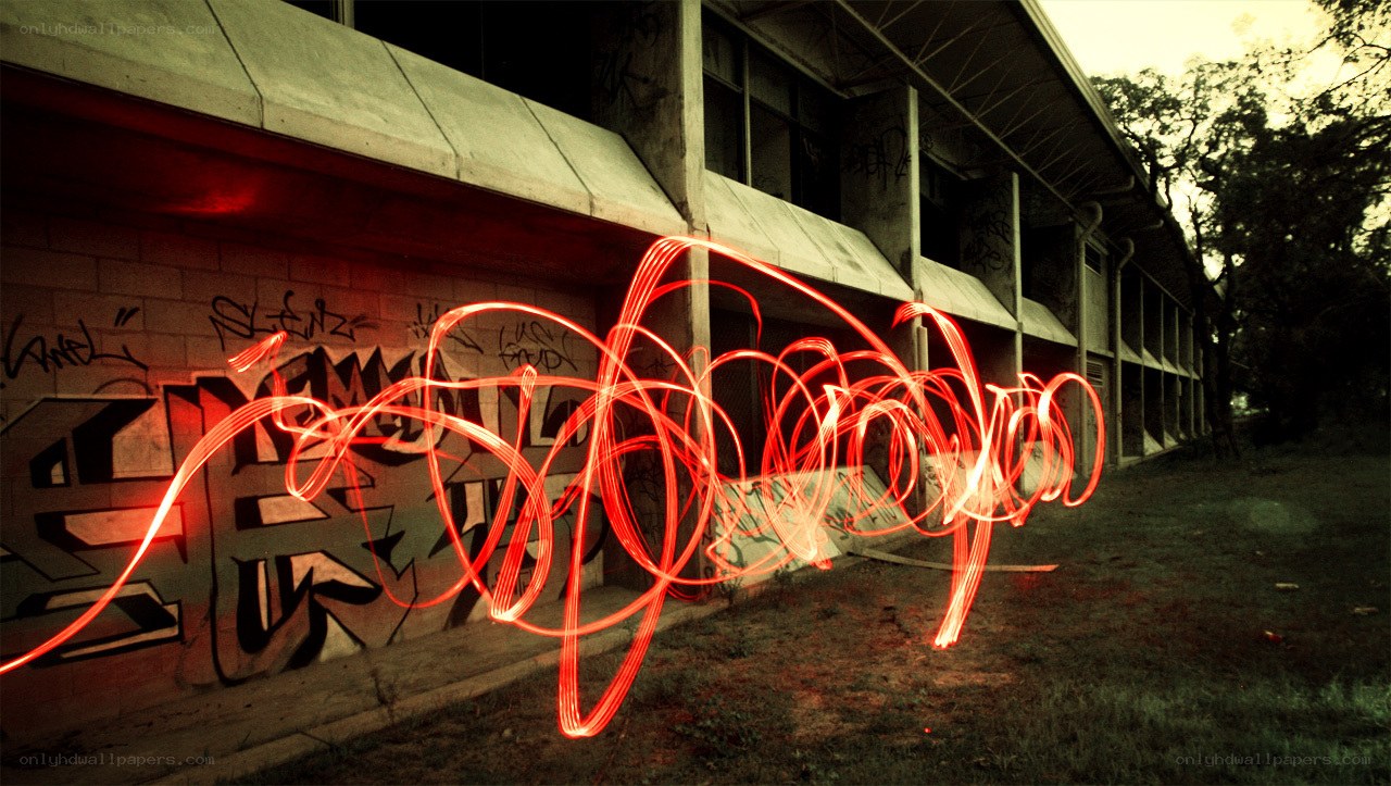 Red light graffiti in abandoned building