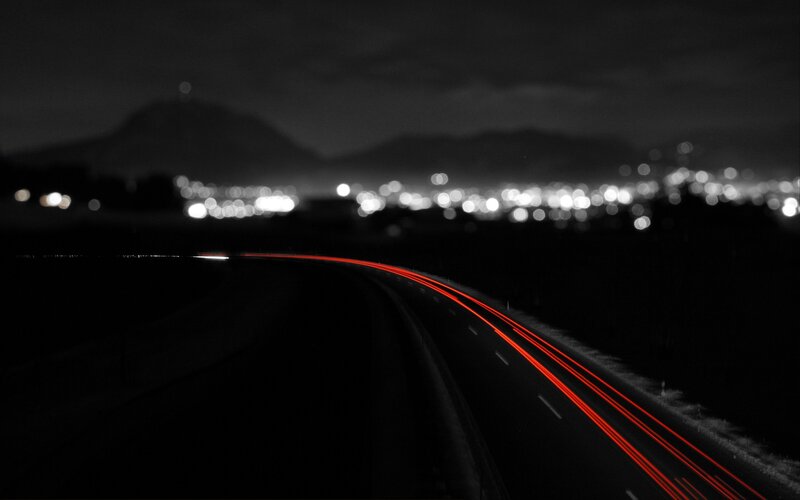 Red Light Trails on Road — Black, Dark, Night, Photograph, City Lights, Mountain