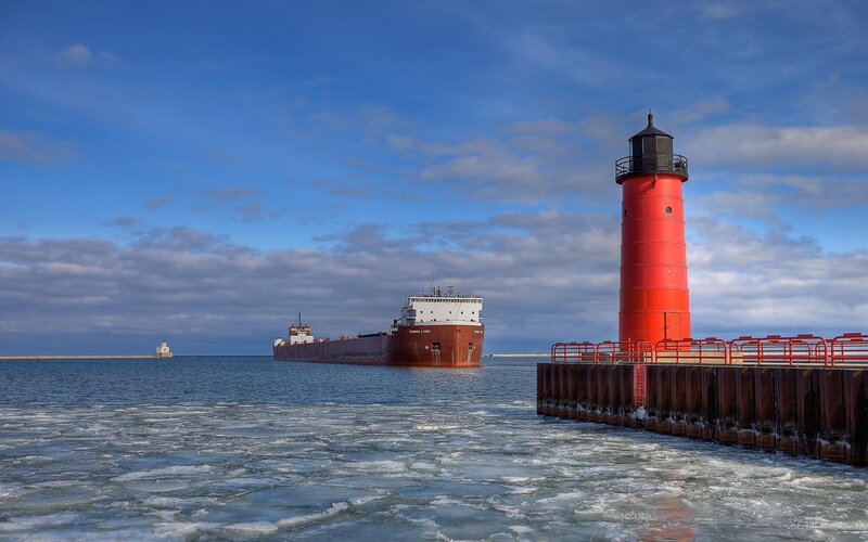 Red Lighthouse and Freighter — Blue