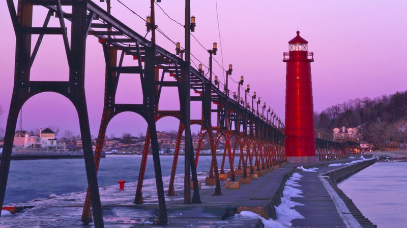 Red lighthouse at dusk