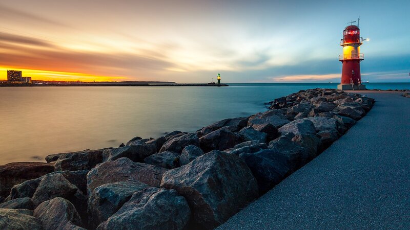 Red Lighthouse at Sunset — Blue