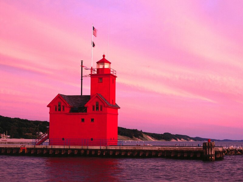Red Lighthouse at Sunset — Pink