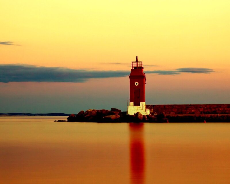Red Lighthouse at Sunset — Yellow, Serene